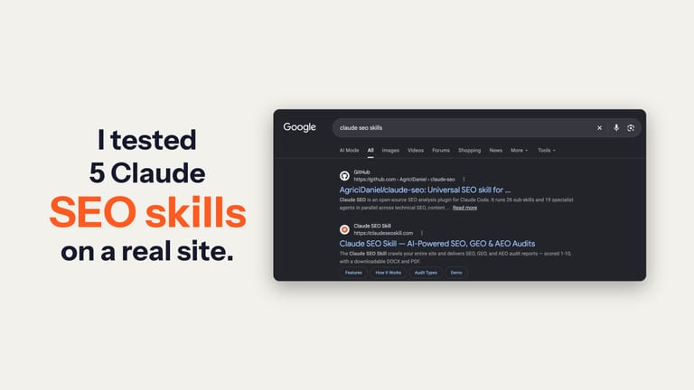 Google results for "claude seo skills" on 22 October 2026: the AgriciDaniel/claude-seo GitHub repo ranks first and claudeseoskill.com second.