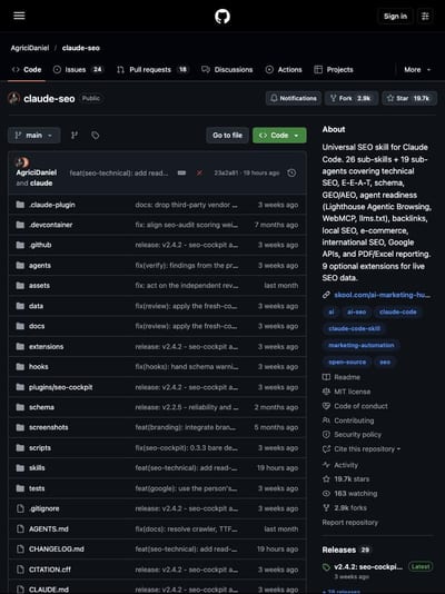 The AgriciDaniel/claude-seo repo on GitHub: a universal SEO skill for Claude Code with 26 sub-skills and 19 sub-agents, 19.7k stars.