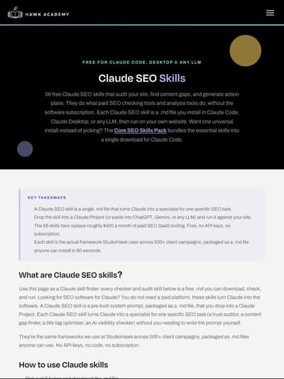 Hawk Academy's Claude SEO Skills page: 56 free skills, each a .md file you install in Claude Code, Claude Desktop or any LLM.