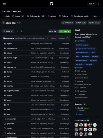 The every-app/open-seo repo on GitHub: an open source alternative to Semrush and Ahrefs, 24.5k stars, MIT license.