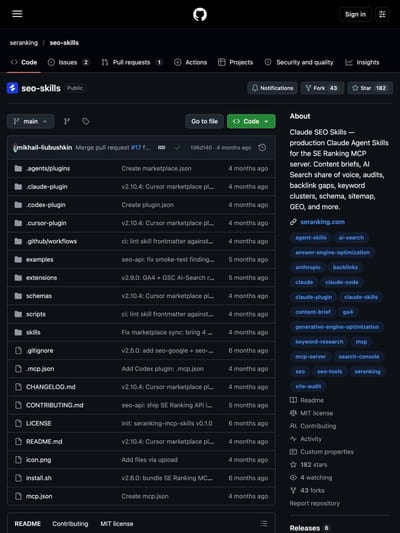 The seranking/seo-skills repo on GitHub: Claude Agent Skills for the SE Ranking MCP server, 182 stars, MIT license.