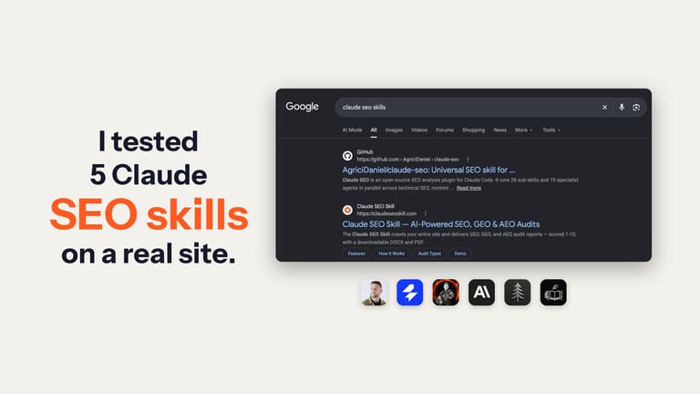 Google results for "claude seo skills" on 22 October 2026: the AgriciDaniel/claude-seo GitHub repo ranks first and claudeseoskill.com second, with the logos of the six setups tested below it.