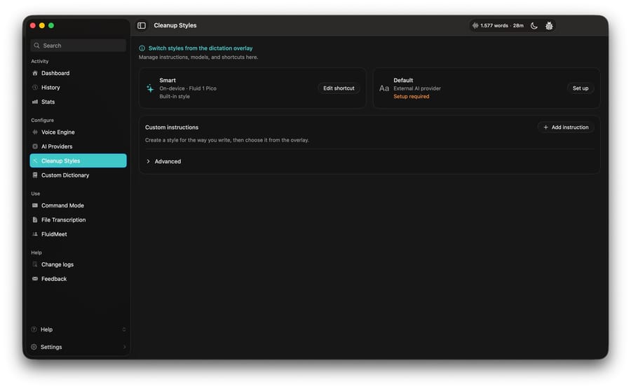 FluidVoice Cleanup Styles: the built-in Smart style running on-device with Fluid 1 Pico, and space for custom instructions.