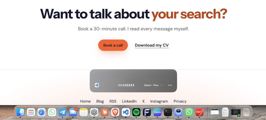 FluidVoice's recording bar floating over my own site in the browser while I dictate, with the VS Code icon on the left, a live sound meter and the Smart, Pico cleanup style on the right.