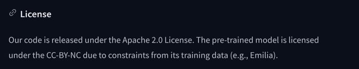 License section of the OmniVoice model card on Hugging Face: the code is released under the Apache 2.0 License, and the pre-trained model under CC-BY-NC because of constraints from its training data, such as Emilia.