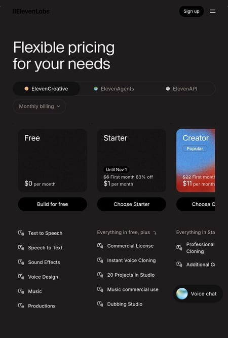 ElevenLabs pricing page on October 26, 2026: Free at $0 a month with text to speech, speech to text, sound effects and voice design; Starter at $6 a month ($1 for the first month until November 1) adds the commercial license and instant voice cloning; Creator at $22 ($11 for the first month) adds professional cloning.